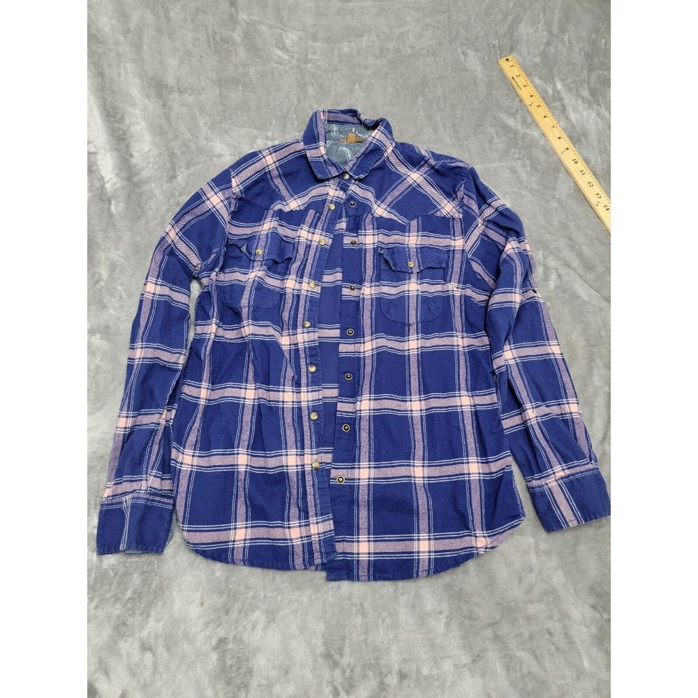Jachs Girlfriend Shirt womens Medium pearl snap pink purple flannel plaid